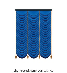 Realistic blue curtains composition with isolated image of luxury curtain with golden tie vector illustration