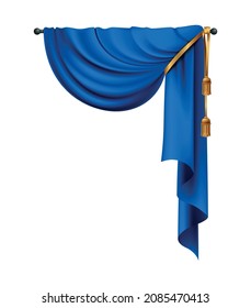 Realistic blue curtains composition with isolated image of luxury curtain with golden tie vector illustration