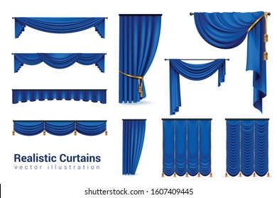 Realistic blue curtains set with isolated images of luxury curtains with various shapes and golden ties vector illustration