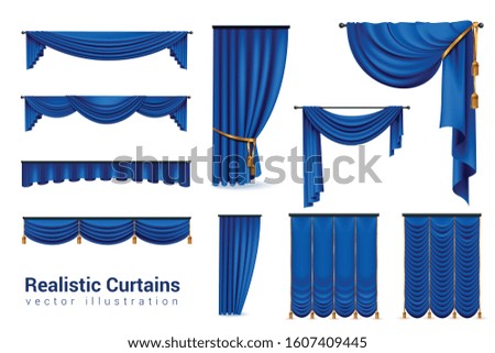 Realistic blue curtains set with isolated images of luxury curtains with various shapes and golden ties vector illustration