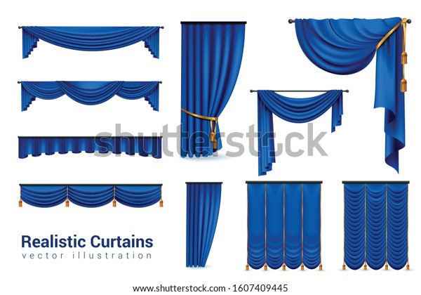 Realistic blue curtains set with isolated\
images of luxury curtains with various shapes and golden ties\
vector illustration
