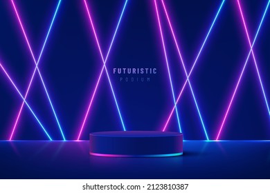 Realistic blue cylinder pedestal podium with illuminate glowing light line neon lamp in futuristic style. Minimal scene for products showcase, Stage promotion display. Vector abstract room platform.