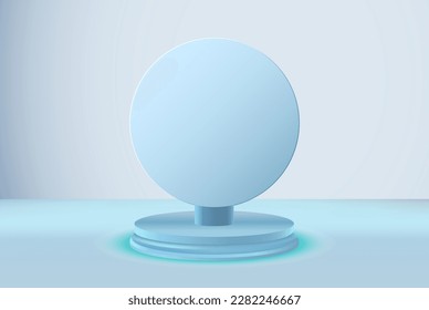 Realistic blue cylindrical pedestal with a round blue banner on a stand. Abstract minimal scene for product showcase, advertising display