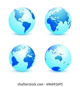 Realistic blue Earth globe in four turns on white background. North and South America, Eurasia and Africa, Atlantic, Australia in rotations. Vector illustration
