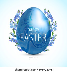 Realistic blue egg with a marble surface. Happy Easter day greeting card whith spring flowers. Design layout for invitation, card, menu, banner, poster, voucher. Vector illustration