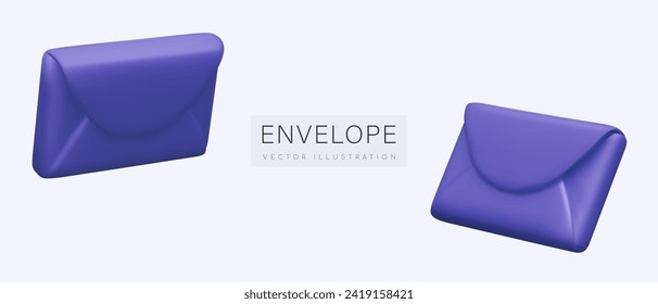 Realistic blue envelopes in different positions. Set of vector isolated symbols
