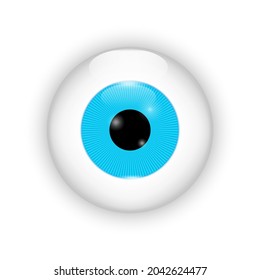 Realistic blue eyeball icon. Illustration close up on white backdrop. Hand drawn. Vector illustration. Stock image.