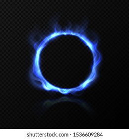 Realistic Blue Fire Circle. Ring Of Blue Fire With Shiny Flame Effect. Vector Effect Burning Round Hoop On Black Transparent Background