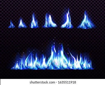 Realistic blue fire set for animation, torch flame isolated on transparent background. Burning blaze effect, glowing shining flare border or frame design element 3d vector illustration, icon, clip art