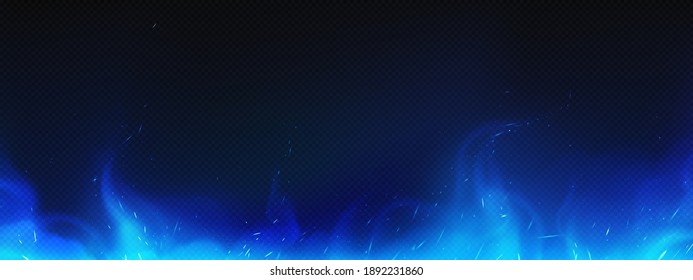 Realistic blue fire or smog border, burning flame with sparkles, bonfire blaze glowing effect, shining magic flare or smoke tongues frame design isolated on black background, .3d vector illustration