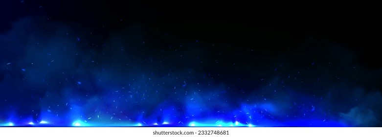 Realistic blue fire and smoke on black background. Vector illustration of abstract neon flame burning, mist with sapphire particles sparkling, poisonous substance in air, witchcraft spell effect