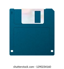 Realistic blue floppy-disk, retro object on white