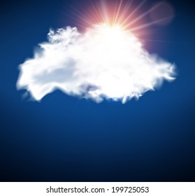 Nube esponjosa azul realista con sol. Ilustración vectorial. 