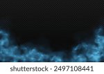 Realistic blue fog or smoke texture isolated on transparent dark background. Neon magic fog on black background.