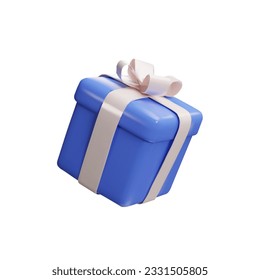 Realistic blue gift box with orange ribbon bow isolated on a white background. 3d render floating modern holiday surprise box. Clay, plastic vector icon for present, birthday or anniversary banners