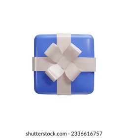 Realistisch blaue Geschenkbox mit weißem Bandbogen-Draufsicht auf weißem Hintergrund. 3d rendern schwimmende moderne Urlaubskasten. Clay-, Plastik-Vektorpackung für Geschenk-, Geburtstag- oder Jubiläumsbanner