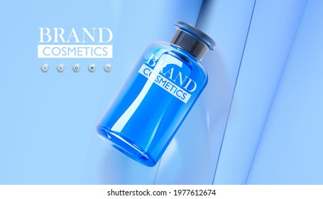 Realistic blue glass jar for cosmetics, foundation cream, gel, skin care, on blue background. vector illustration.