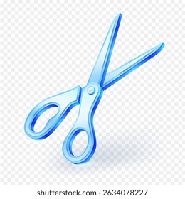 Realistic blue glass scissors vector illustration isolated on transparent background. Perfect for graphic design, web icons, and educational materials.