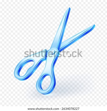 Realistic blue glass scissors vector illustration isolated on transparent background. Perfect for graphic design, web icons, and educational materials.