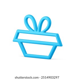 Realistic blue glossy decorative Christmas gift box toy for holiday celebrating 3d vector illustration. Bright classic Xmas metallic contour design present with bow for hanging on festive spruce