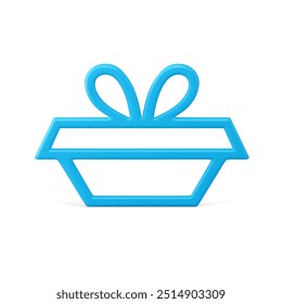 Realistic blue glossy decorative Christmas gift box toy for holiday celebrating 3d vector illustration. Bright classic Xmas metallic contour design present with bow for hanging on festive spruce