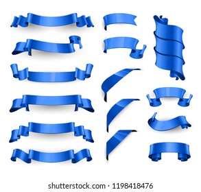 Realistic Blue Glossy vector ribbons. Large set. vector