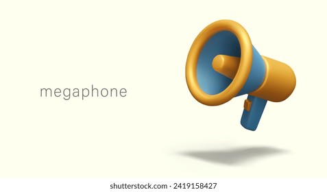 Realistic blue and gold megaphone. Important news concept