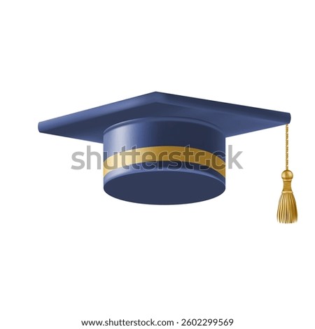 Realistic Blue graduate cap. 3D Graduation Doctoral hat. PhD Academic mortarboard. Student degree board. Vector illustration.