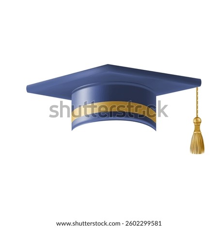 Realistic Blue graduate cap. 3D Graduation Doctoral hat. PhD Academic mortarboard. Student degree board. Vector illustration.