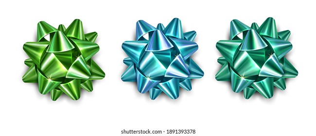 Realistic blue, green bows for decoration on white background. Bright bows decorative and festive design for gifts. Vector illustration