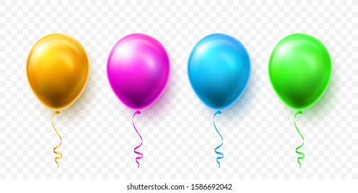 Realistic blue, green, pink and gold balloons with shadow. Shine helium balloon for wedding, Birthday, parties. Festival decoration. Vector illustration.