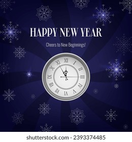 Banner azul realista de Año Nuevo Feliz Año, con un reloj y copos de nieve. Decoración temática de oro y Navidad. Adecuado para invitaciones, saludos y promociones de eventos. No se genera IA.