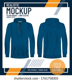 Realistic blue hoodie long sleeve mock up. Blank sweatshirt with pocket. Usefull for presentation the printed design. Vector illustration.