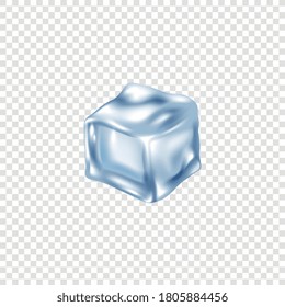 Realistic blue ice cube block isolated on transparent background - single piece of water freeze with shiny melting texture. Vector illustration.
