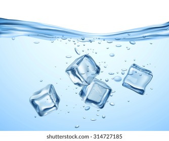 Cubos de hielo azul realistas flotando en una ilustración vectorial de agua transparente