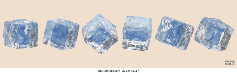 Cubos de hielo azul realistas sobre el fondo. Bloques de agua limpios, cuadrados y congelados, para bebidas alcohólicas o cócteles. Ilustración vectorial 3D.

