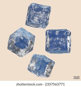 Cubos de hielo azul realistas sobre el fondo. Bloques de agua limpios, cuadrados y congelados, para bebidas alcohólicas o cócteles. Ilustración vectorial 3D.