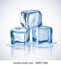 Realistic blue ice cubes with water drops on white background vector illustration