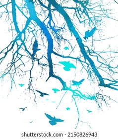 Realistic blue illustration with silhouettes of three birds - crows or ravens sitting on tree branch without leaves and flying, isolated on white background - vector