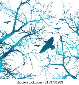 Realistic blue illustration with silhouettes of three birds - crows or ravens sitting on tree branch without leaves and flying, isolated on white background - vector