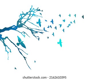 Realistic blue illustration with silhouettes of three birds - crows or ravens sitting on tree branch without leaves and flying, isolated on white background - vector