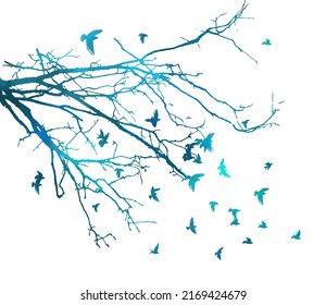 Realistic blue illustration with silhouettes of three birds - crows or ravens sitting on tree branch without leaves and flying, isolated on white background - vector