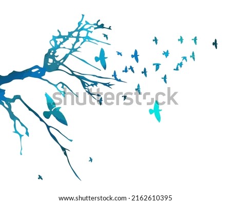 Realistic blue illustration with silhouettes of three birds - crows or ravens sitting on tree branch without leaves and flying, isolated on white background - vector