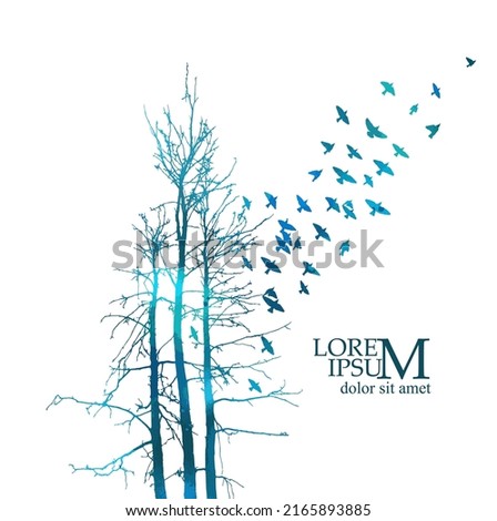 Realistic blue illustration with silhouettes of three birds - crows or ravens sitting on tree branch without leaves and flying, isolated on white background - vector