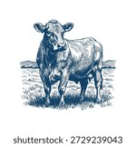 A realistic blue ink drawing of a bull standing in a grassy field, showcasing its muscular build and textured hide. Hand drawn engraving style vector.