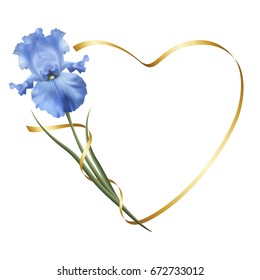 Realistic blue iris, romantic frame, the symbol of friendship and fidelity. 