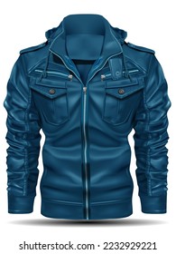 Realistic blue jacket leather for men on white background vector illustration.