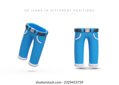 Realistic blue jeans in different positions. Cute vector illustration. Short modern trousers with belt and pockets. Color image with shadows. Icons for clothing store