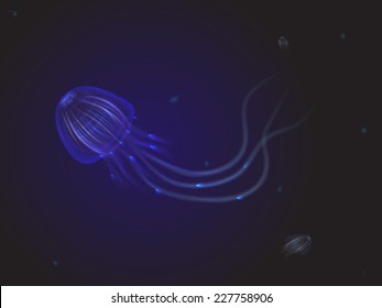 realistic blue jellyfish in dark deep water, deep ocean