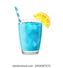 Realistic blue lagoon cocktail with drinking straw, ice and lemon.